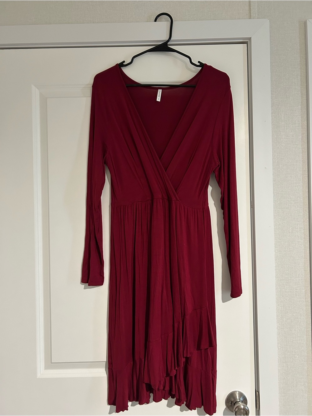 Surplice Ruffle-Hem Long Sleeve Dress in Burgundy